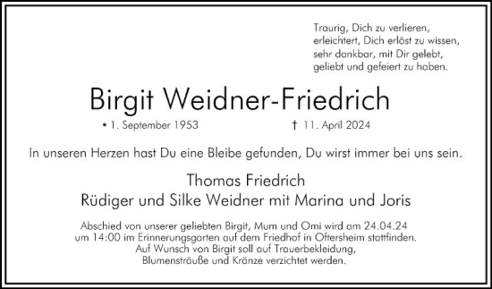 Traueranzeige von Birgit Weidner-Friedrich von Schwetzinger Zeitung