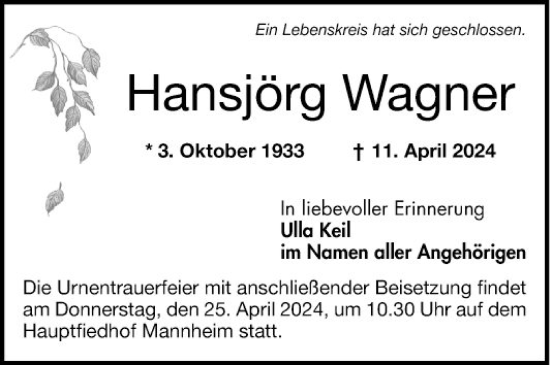 Traueranzeige von Hansjörg Wagner von Mannheimer Morgen