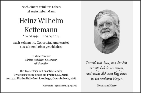 Traueranzeige von Heinz Wilhelm Kettemann von Fränkische Nachrichten