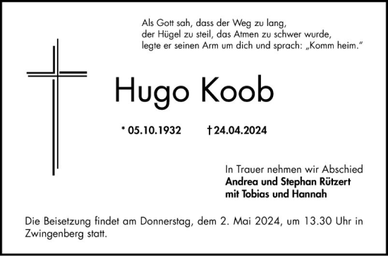 Traueranzeige von Hugo Koob von Bergsträßer Anzeiger