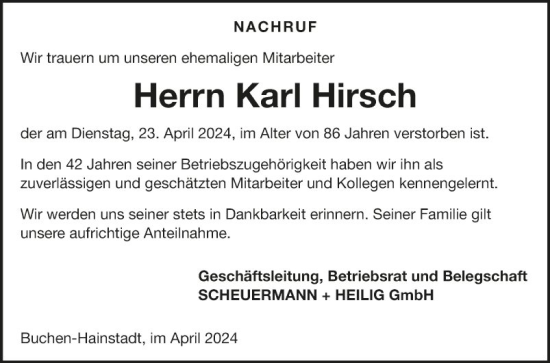 Traueranzeige von Karl Hirsch von Fränkische Nachrichten