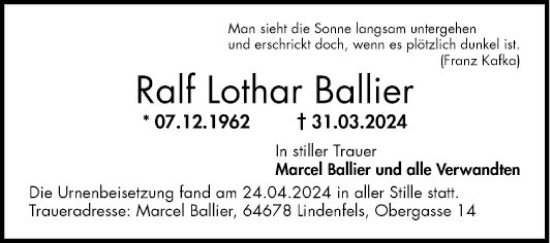 Traueranzeige von Ralf Lothar Ballier von Bergsträßer Anzeiger