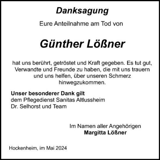 Traueranzeige von Günther Lößner von Schwetzinger Zeitung