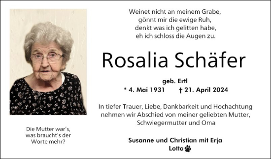 Traueranzeige von Rosalia Schäfer von Bergsträßer Anzeiger